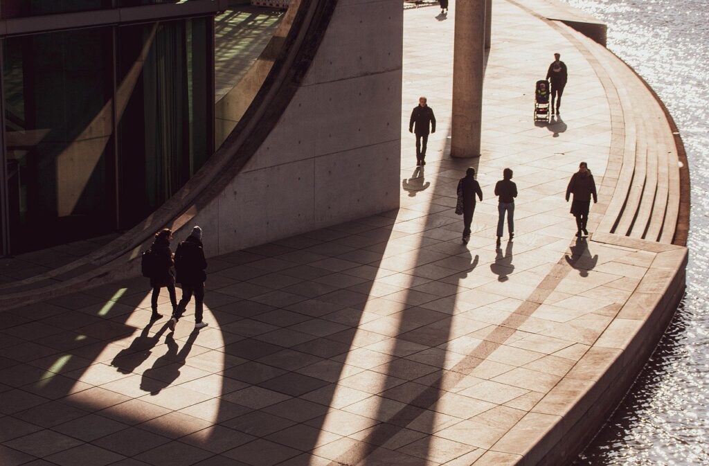 people, road, the shade, light, building, urban